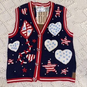 Vintage Eagle’s Eye Collectibles Patriotic Parade Flag Red Blue Sweater Vest Med